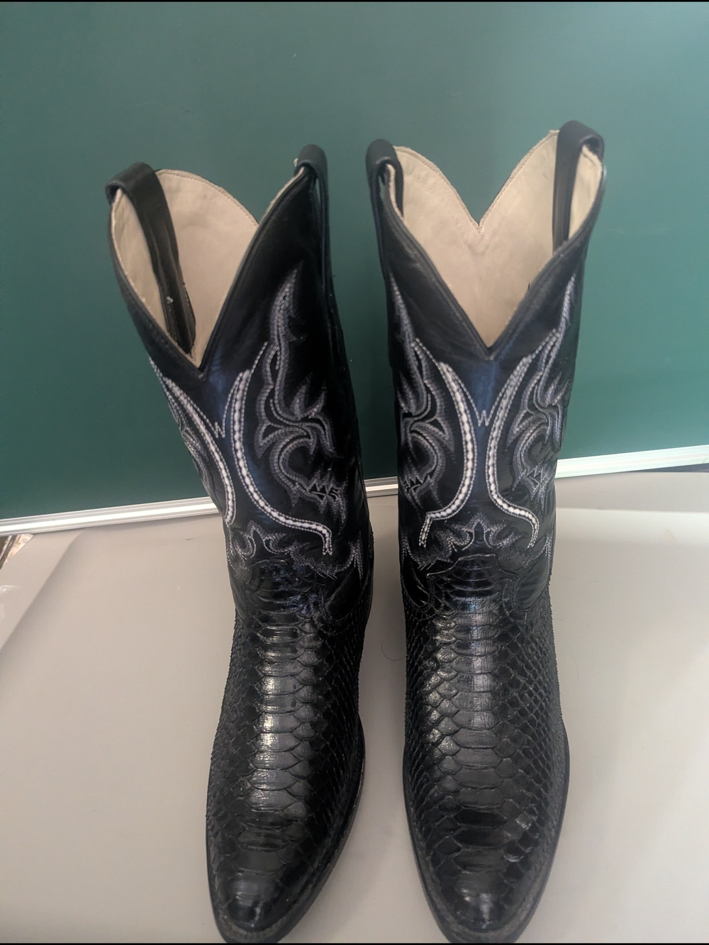 JB Dillon Python-Style Western Boots with White Stitching